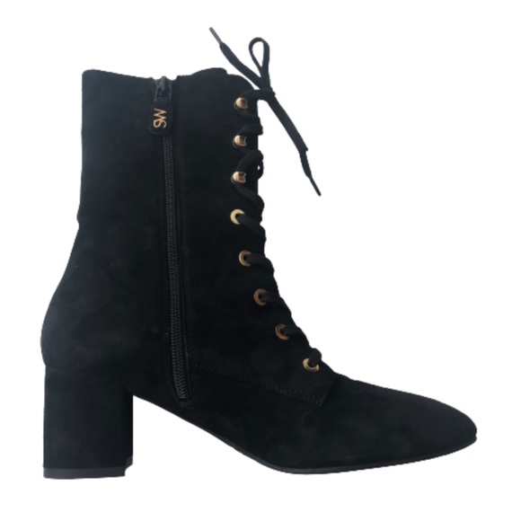 Stuart Weitzman Nichelle Black Suede Block-Heel Booties Lace-Up Size 8 Grommets - Picture 3 of 14